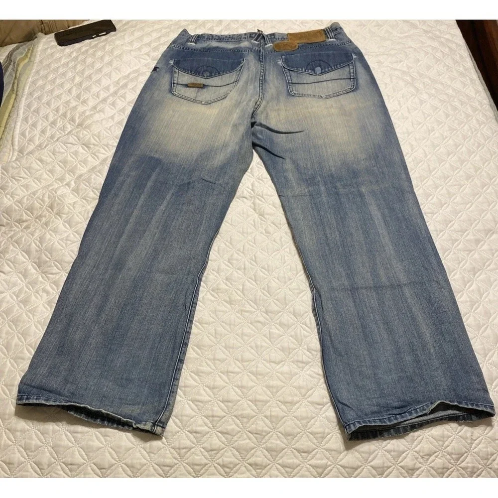 VTG Akademiks Denim Jeans 36 Embroidered Streetwear Missing Button  RN0100964